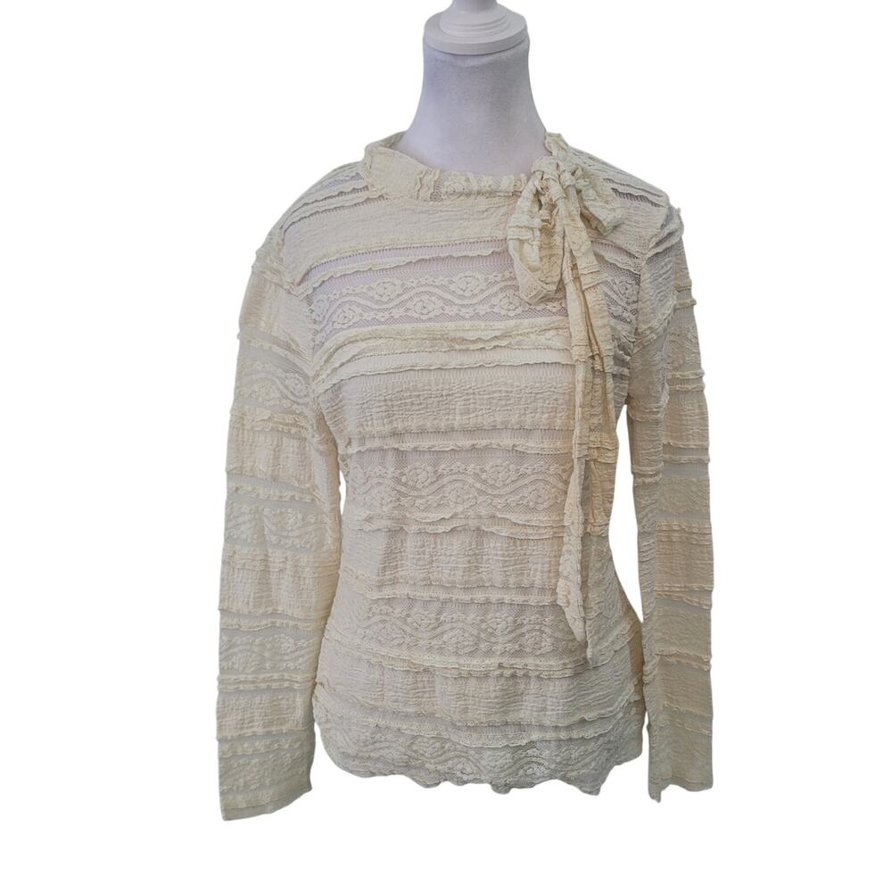 CeCe Size M Cream Lace Overlay Sheer Sleeve Blouse Neck Scarf Tie